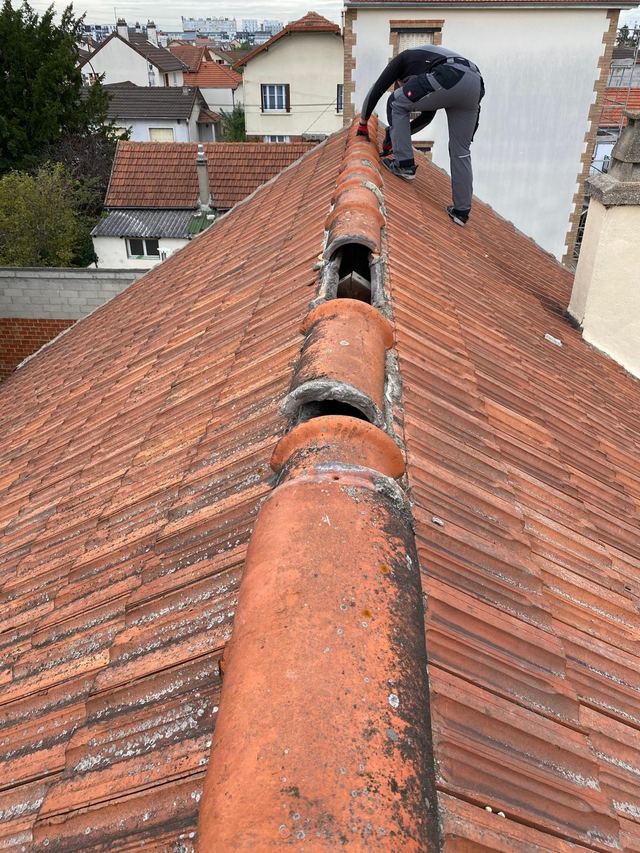 Faîtage ancien scellé au mortier, fissuré et ouvert, avec faîtières déchaussées sur une toiture en tuiles, secteur de Dammartin-en-Goële
